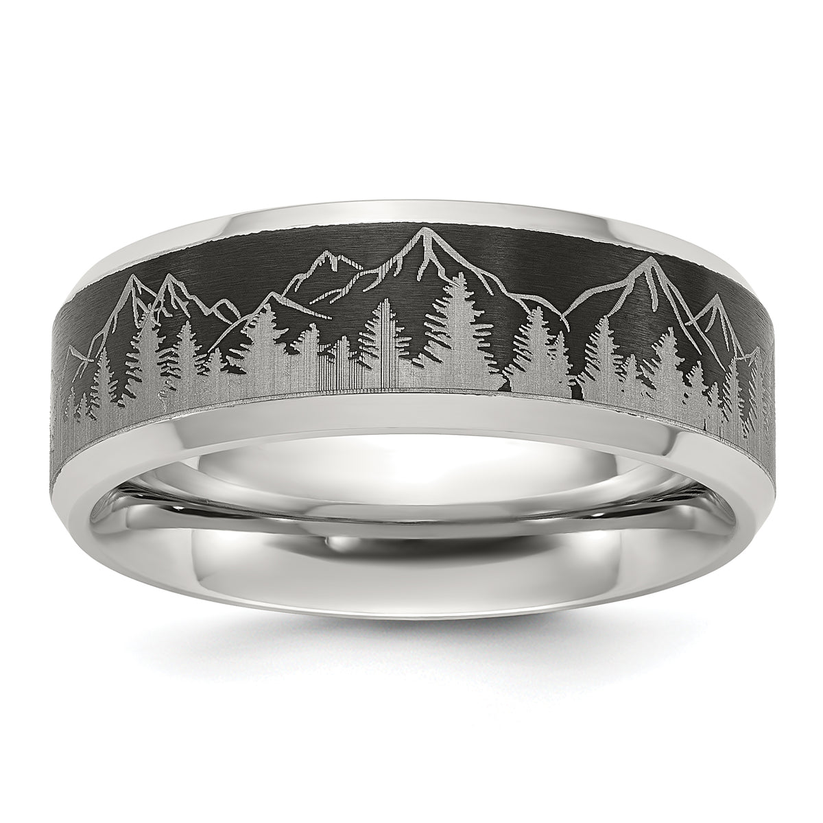 Titanium with Brushed Center Laser Design Mountains 8mm Band