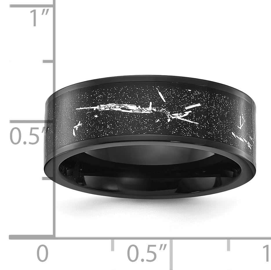 Titanium Polished Black IP-plated with Black and Silver Foil Inlay 8mm Band