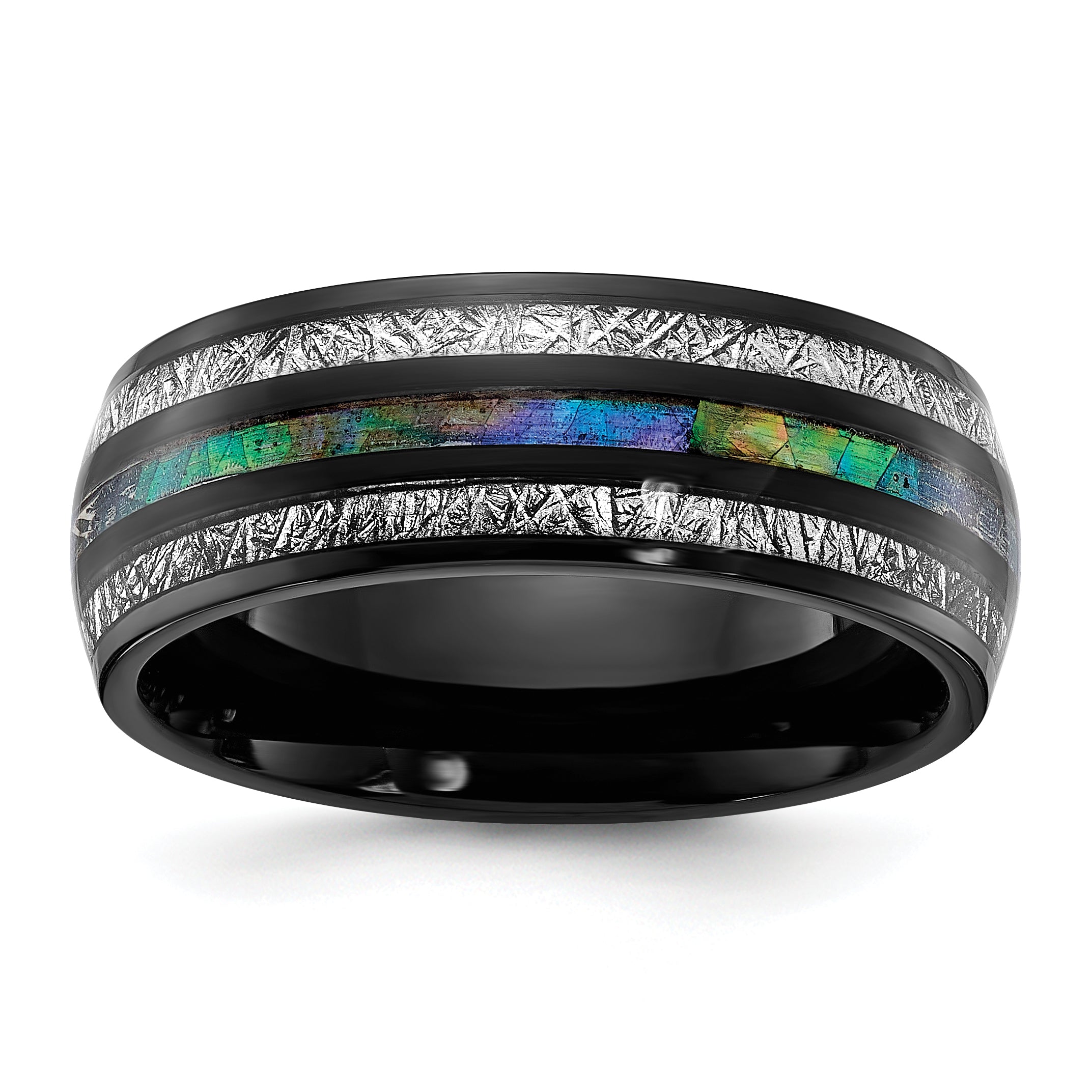 Titanium Polished Black IP-plated with Abalone and Imitation Meteorite Inlay 8mm Band