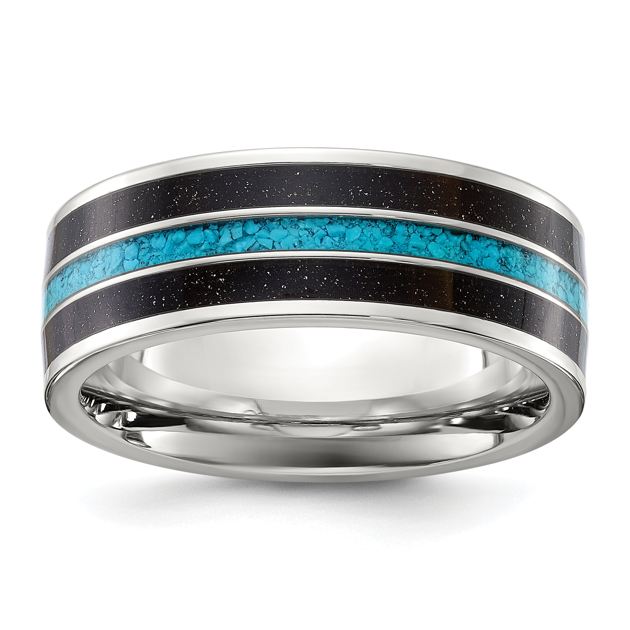 Titanium Polished with Turquoise and Black Star Sandstone Inlay 8mm Band