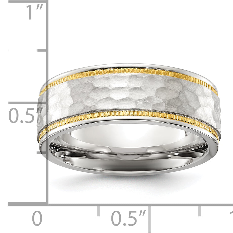 Titanium Brushed Polished and Hammered Yellow IP-plated 7mm Band