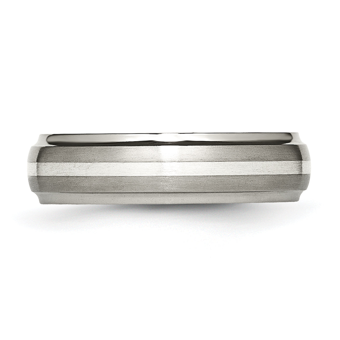 Titanium Brushed Center with Sterling Silver Inlay 6mm Ridged Edge Band