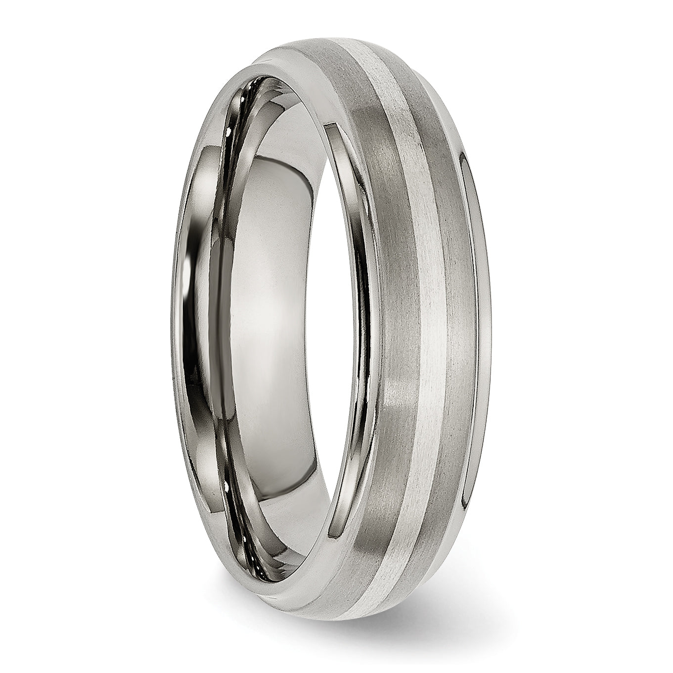 Titanium Brushed Center with Sterling Silver Inlay 6mm Ridged Edge Band