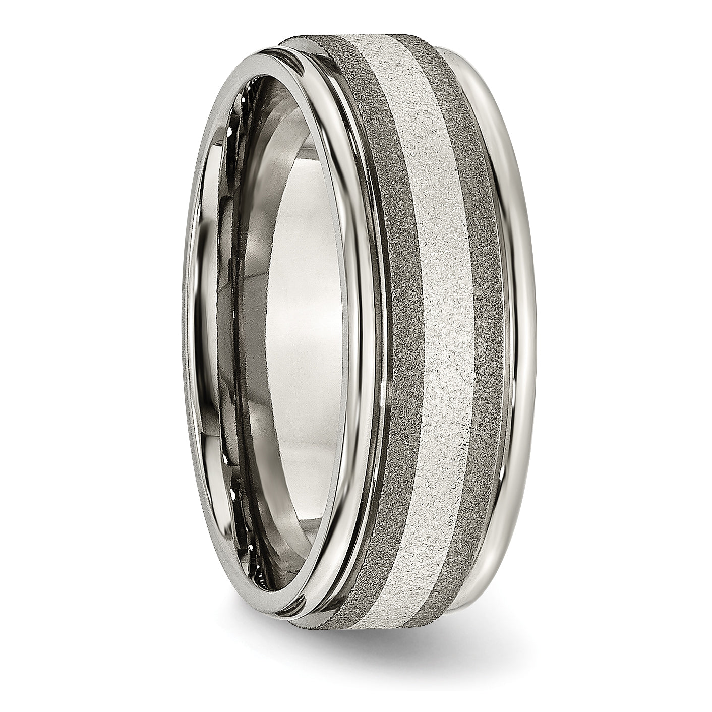 Titanium Polished with Sterling Silver Inlay Stone Finish Center Grooved Band