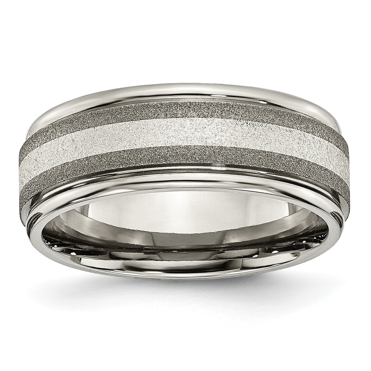 Titanium Polished with Sterling Silver Inlay Stone Finish Center Grooved Band