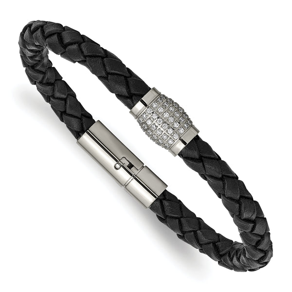 Chisel Titanium Polished with CZ Black Leather Bracelet – Sophia