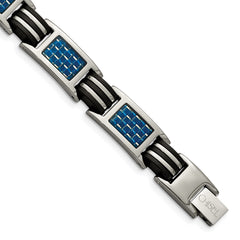 Chisel Titanium Polished with Blue Carbon Fiber Inlay and Rubber 8.5 inch Bracelet