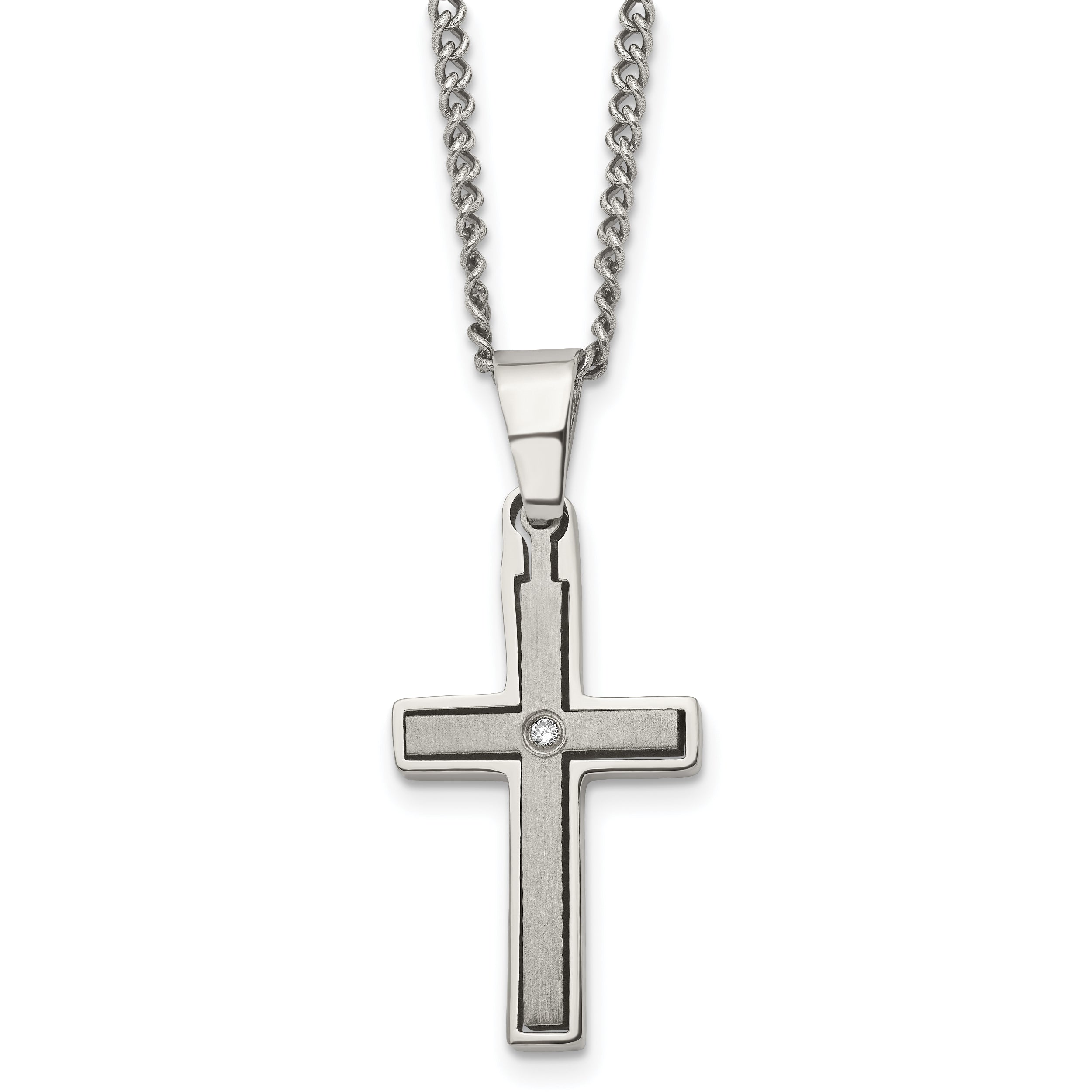 Sophia Jewelers Titanium Diamond Cross Necklace with Polished & Brushed Finish