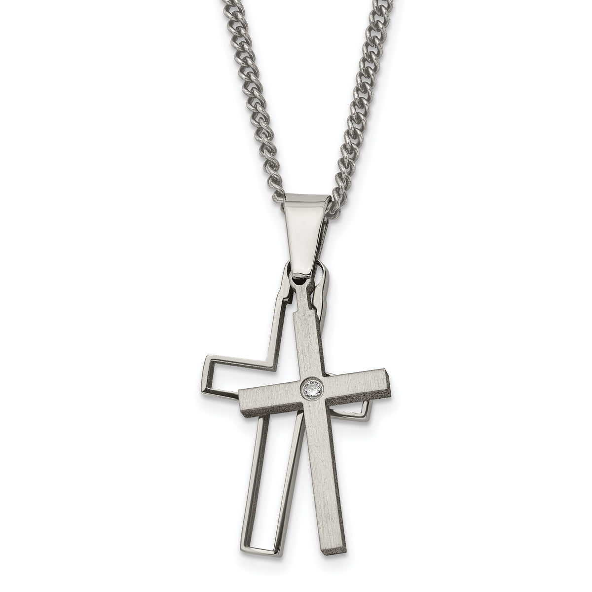 Chisel Titanium Brushed and Polished with .03 carat Diamond Cross 22 inch Necklace