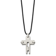 Titanium Men's Polished Cross Leather Necklace Gift Ready 18 Inch