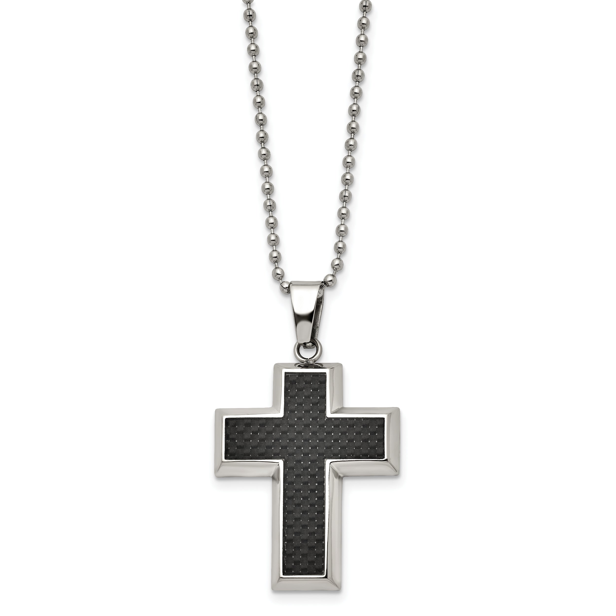 Chisel Titanium Polished with Black Carbon Fiber Inlay Cross 22 inch Necklace