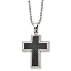 Chisel Titanium Polished with Black Carbon Fiber Inlay Cross 22 inch Necklace