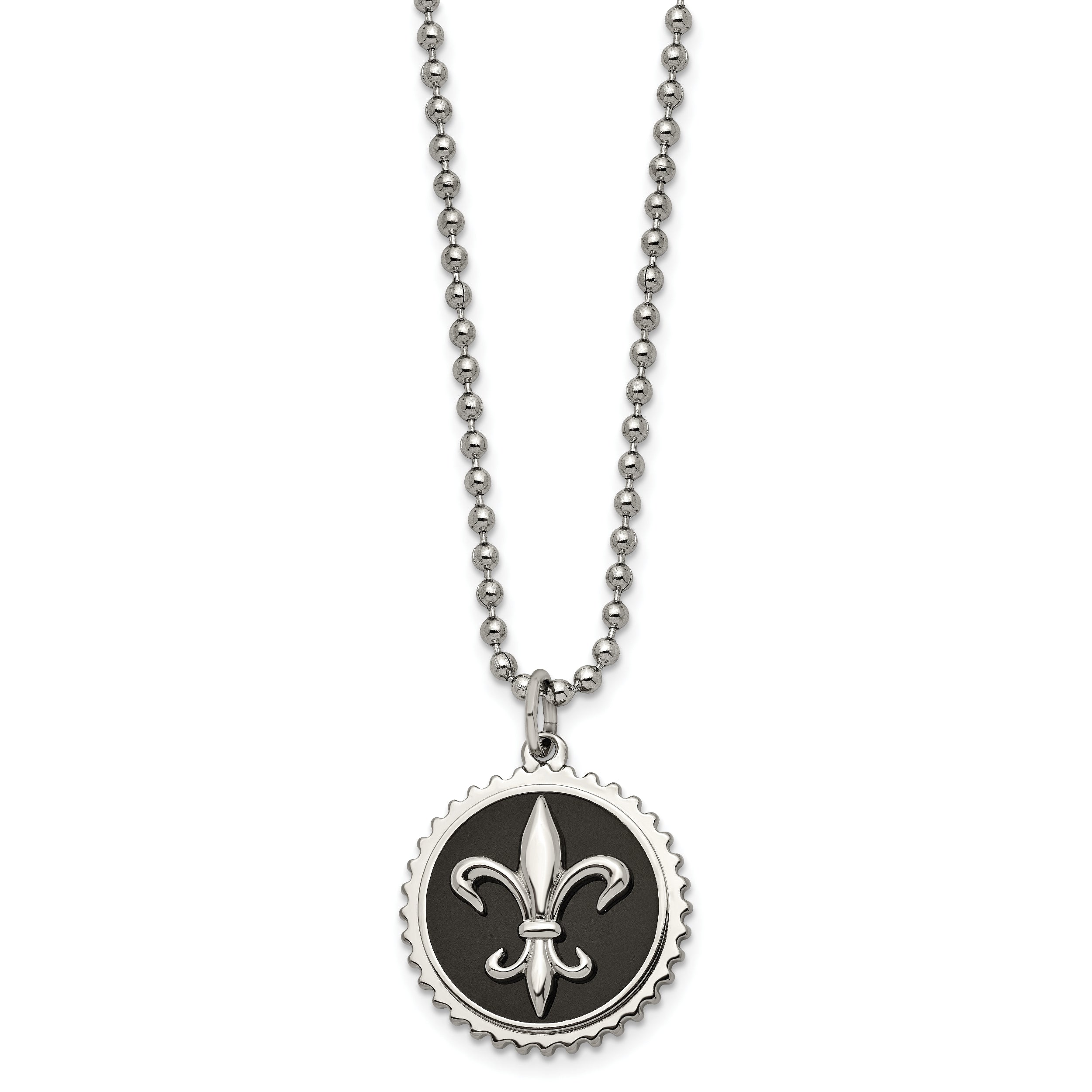 Chisel Titanium Polished Black Enamel Fleur de lis 24 inch Necklace