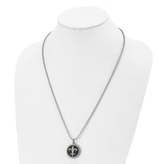 Chisel Titanium Polished Black Enamel Fleur de lis 24 inch Necklace