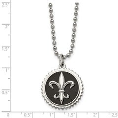 Chisel Titanium Polished Black Enamel Fleur de lis 24 inch Necklace