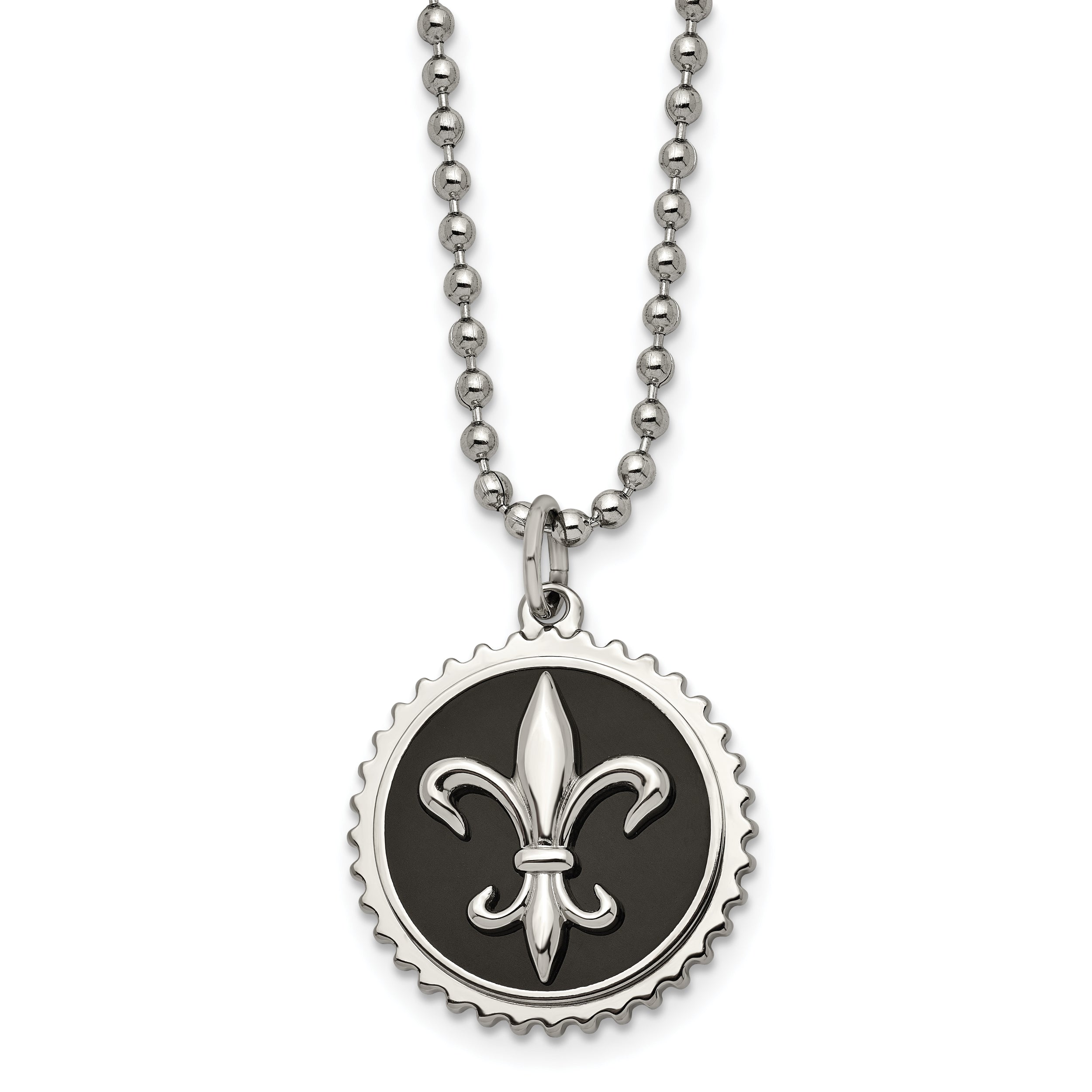 Chisel Titanium Polished Black Enamel Fleur de lis 24 inch Necklace