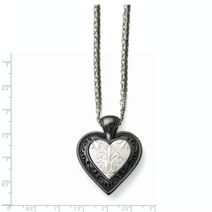 Titanium/Ster.Sil Black Ti Polished Etched Heart w/2 Chain Necklace