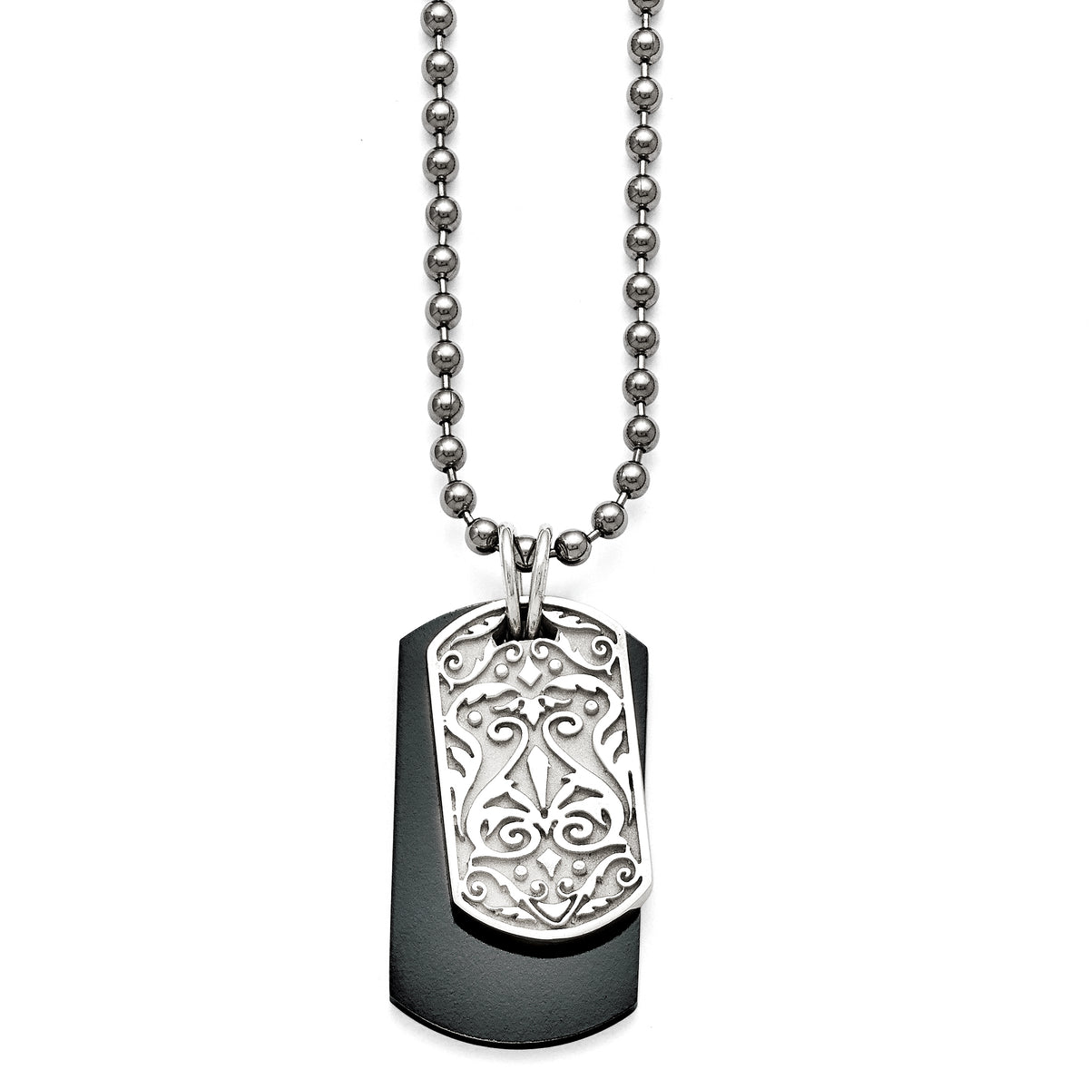 Titanium/Ster.Sil Black Ti Polished Etched Dog Tag Necklace