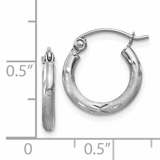 14k White Gold Satin and Diamond-cut 2mm Round Hoop Earrings