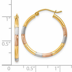 14K w/White and Rose Rhodium 2mm Satin & D/C Hoop Earrings