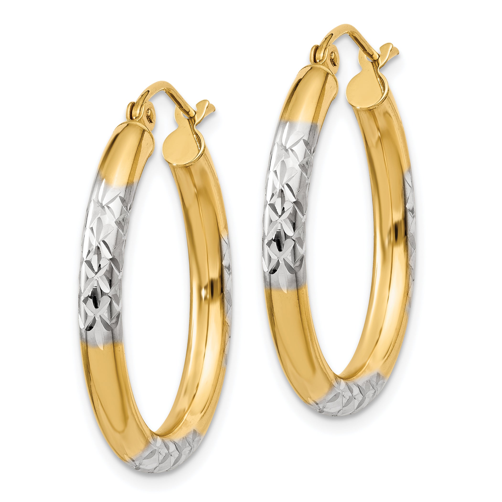 14K and Rhodium Diamond-cut 3x25mm Hoop Earrings