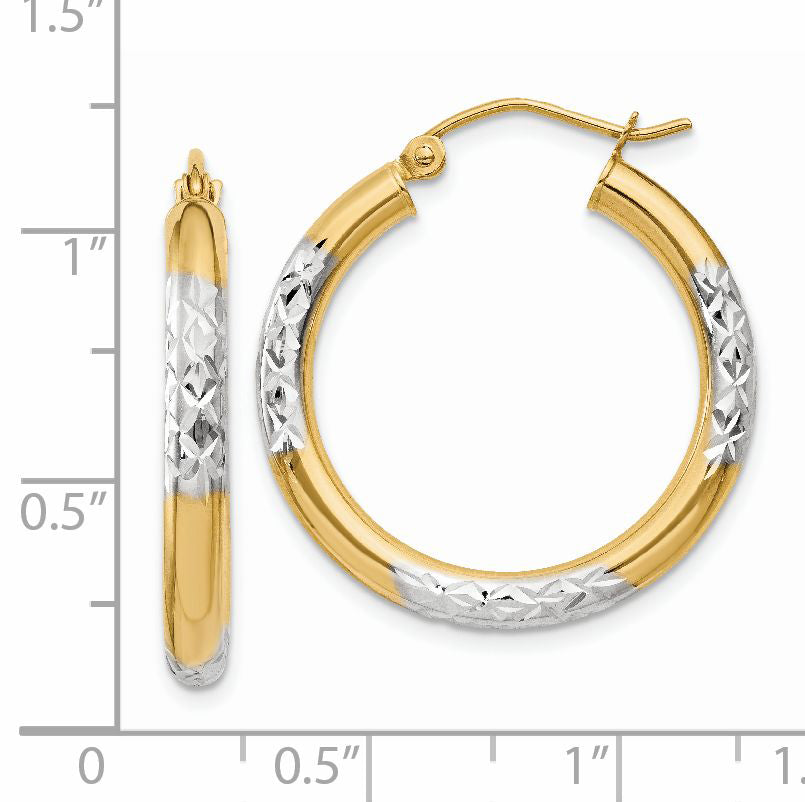 14K and Rhodium Diamond-cut 3x25mm Hoop Earrings