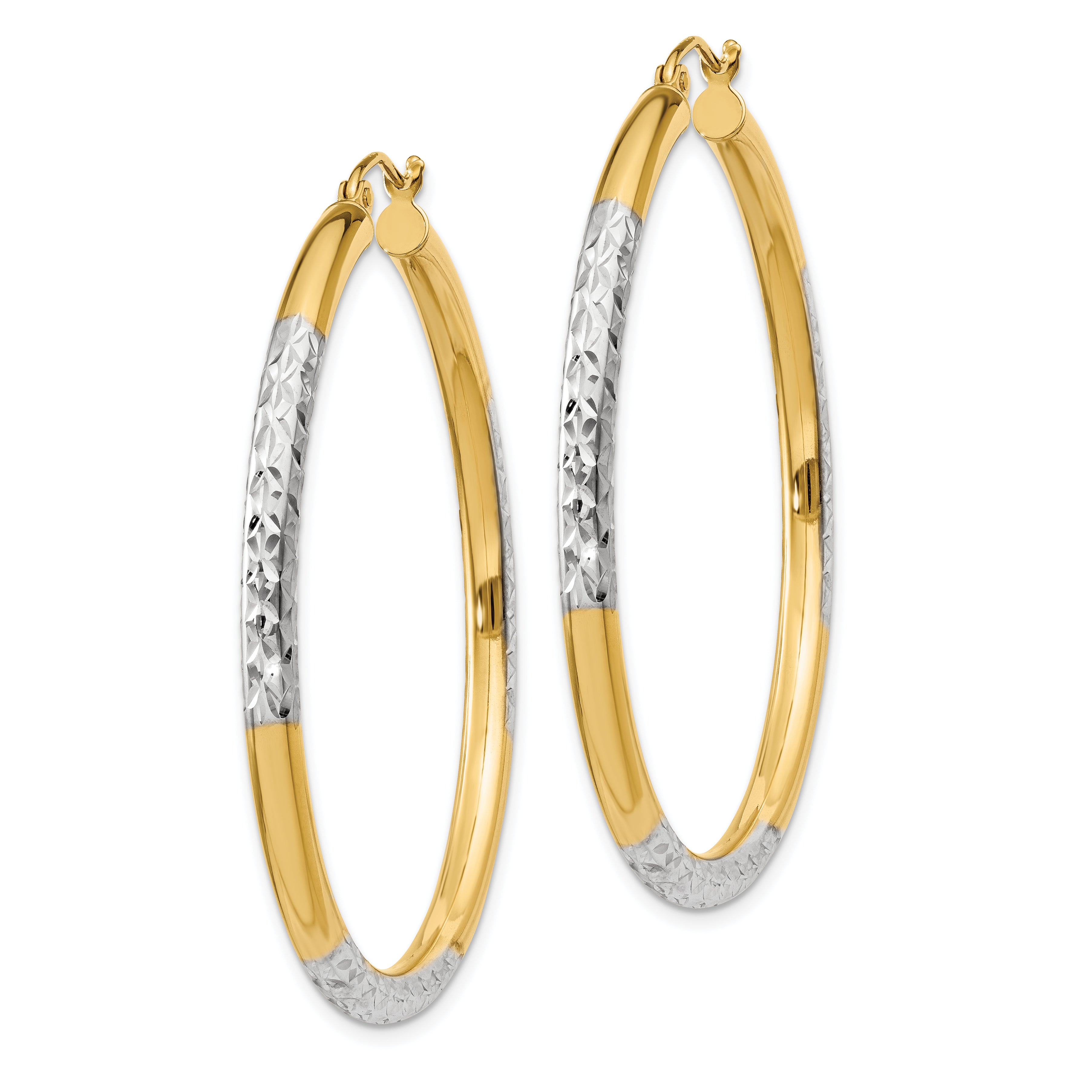 14K and Rhodium Diamond-cut 3x45mm Hoop Earrings