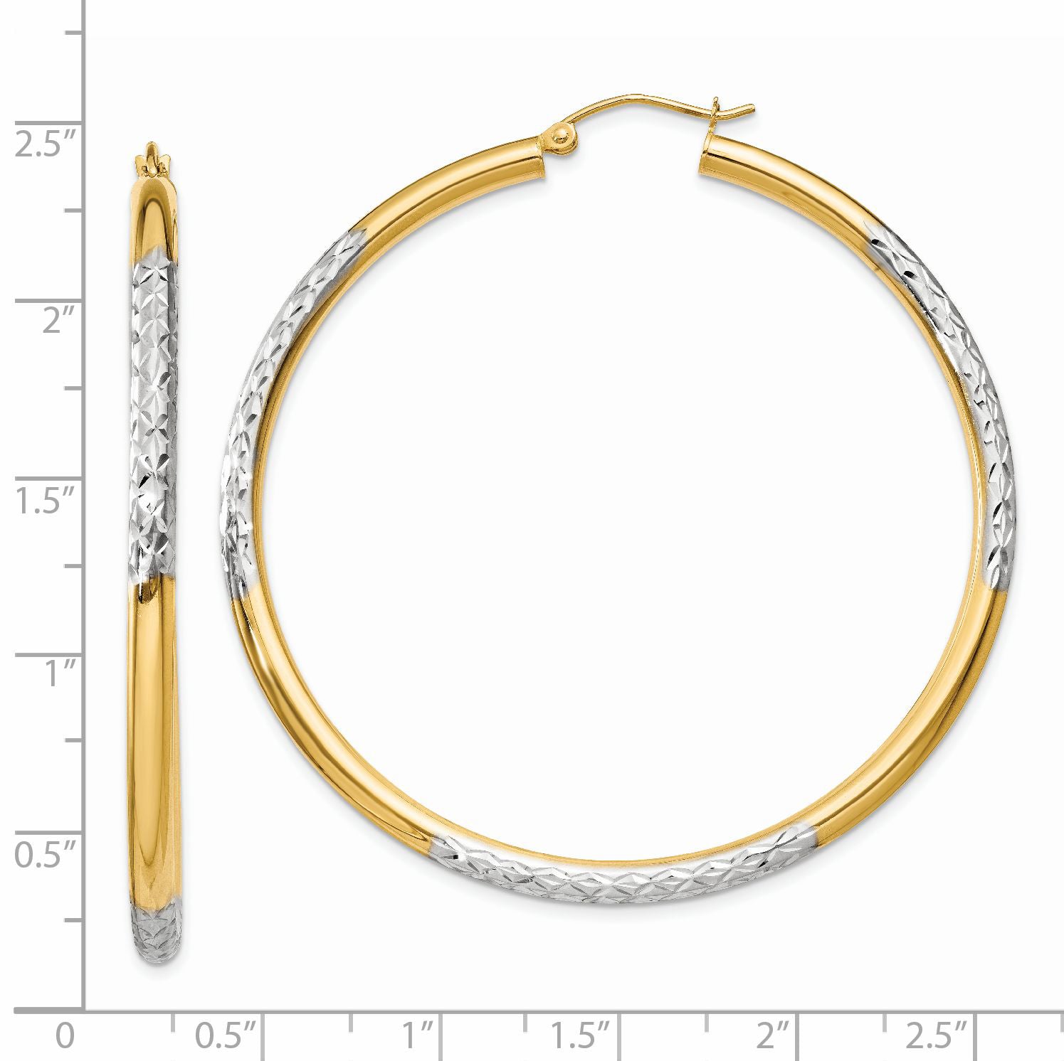 14K and Rhodium Diamond-cut 3x55mm Hoop Earrings