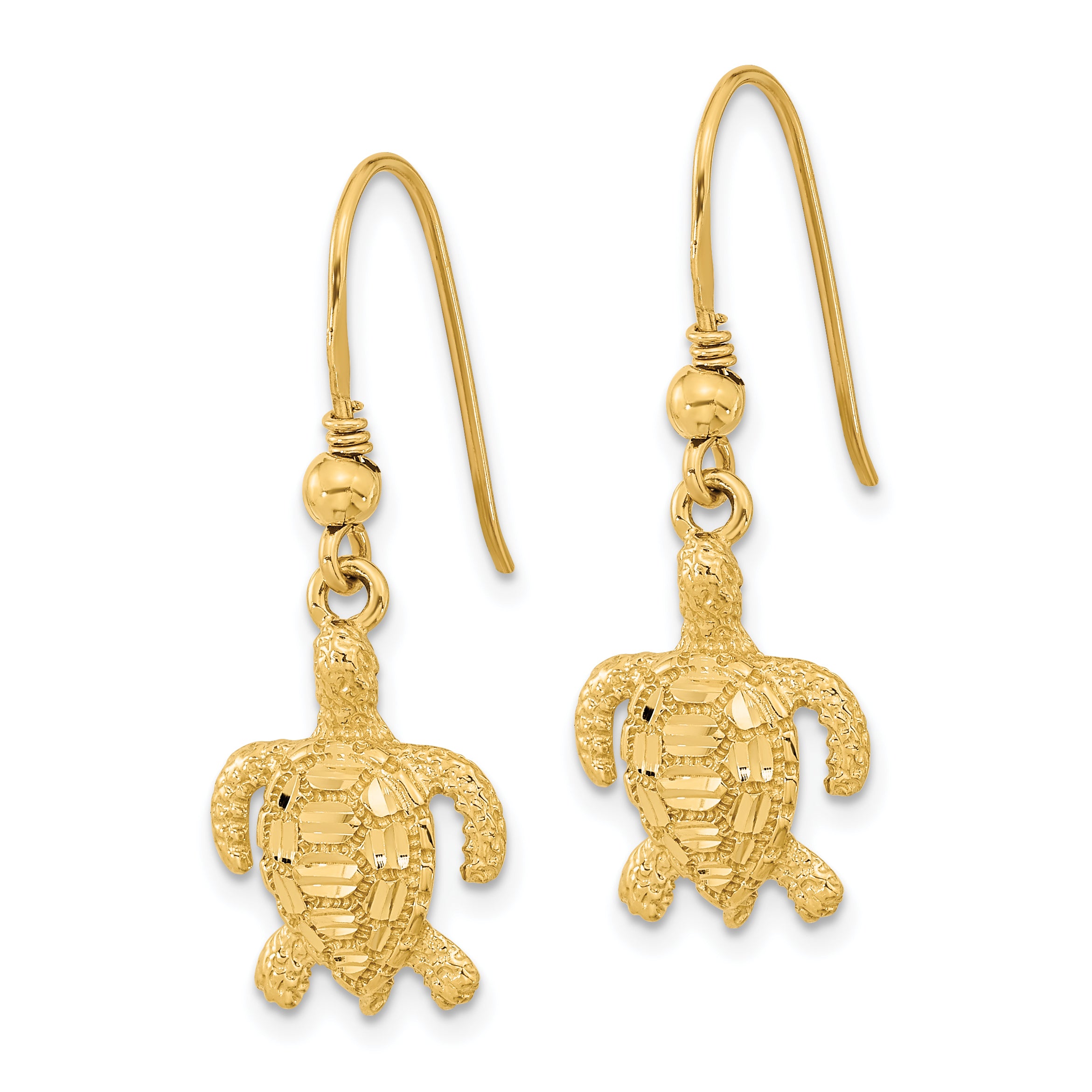 14k Polished & Textured Diamond-cut Turtle Shepherd Hook Earrings