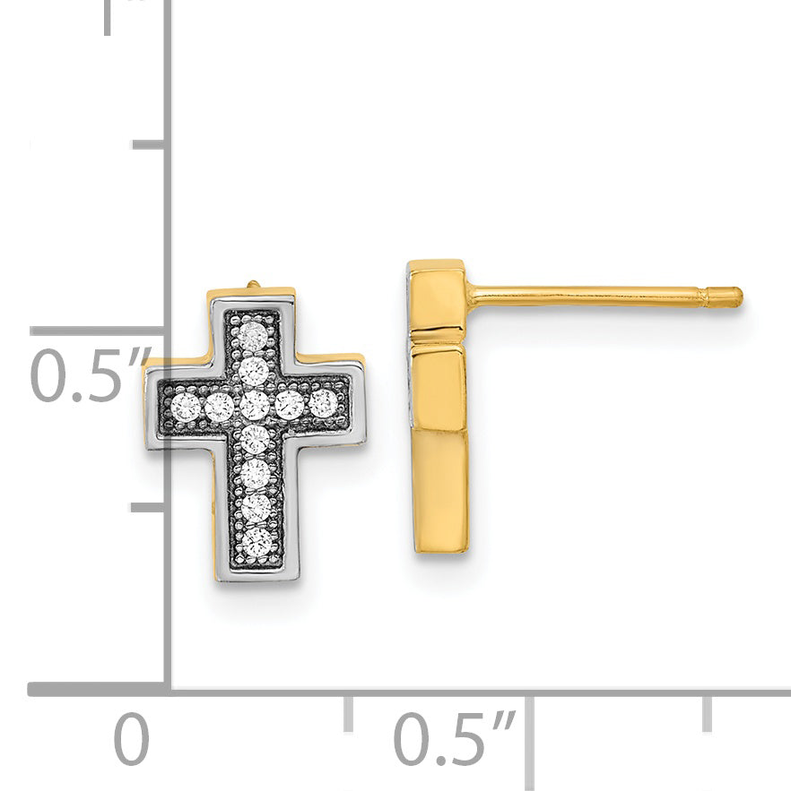 14k w/Rhodium Micro Pav‚ CZ Cross Post Earrings