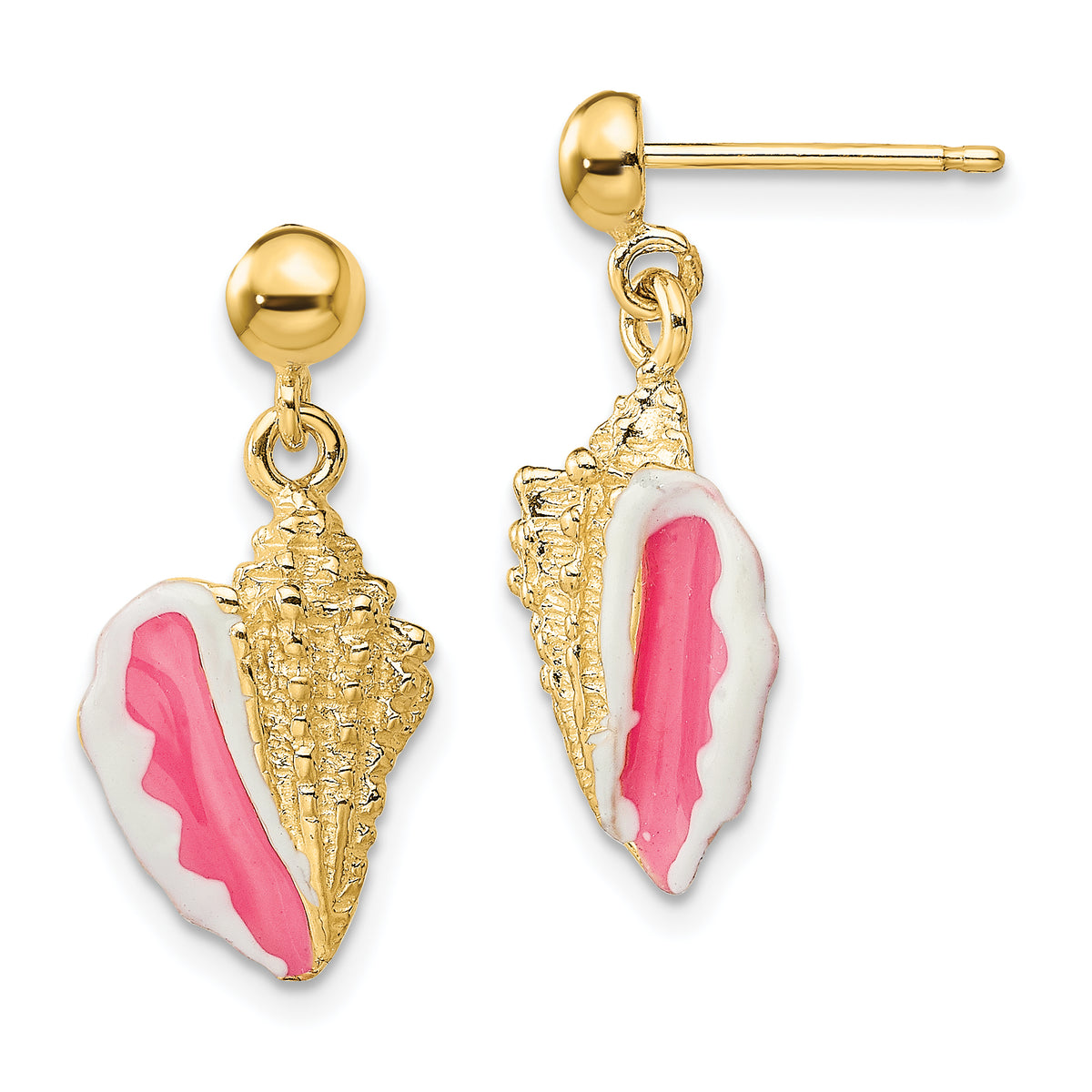 14K White and Pink Enamel Conch Shell Dangle Earrings