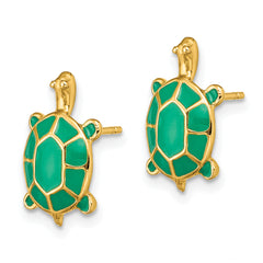 14K Land Turtle W/Green Enamel Shell Earrings