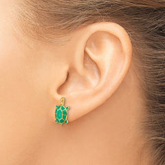 14K Land Turtle W/Green Enamel Shell Earrings