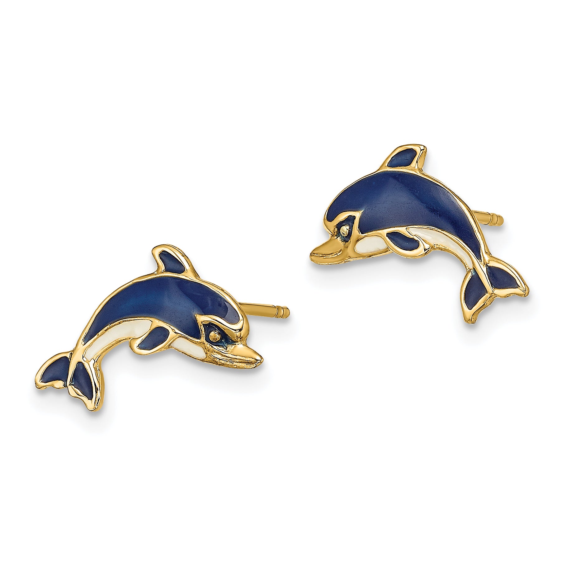 14K Blue and White Enamel Dolphin Post Earrings