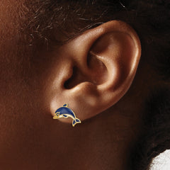 14K Blue and White Enamel Dolphin Post Earrings