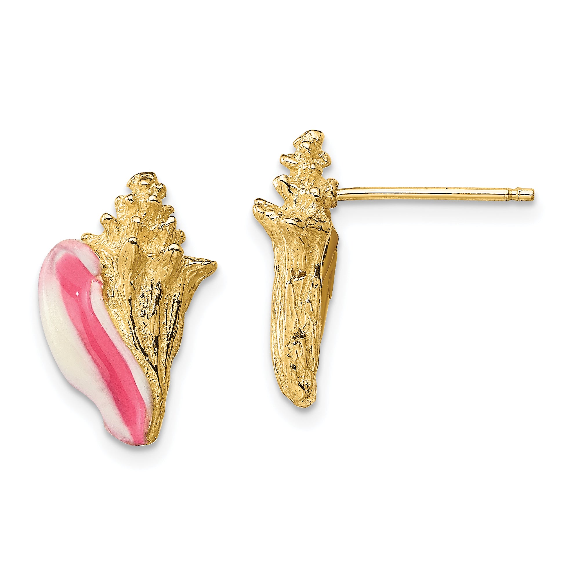 14K White and Pink Enamel Conch Shell Post Earrings