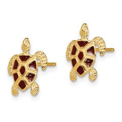 14K Sea Turtle  W/Brown Enamel Shell / Textured Post Earrings