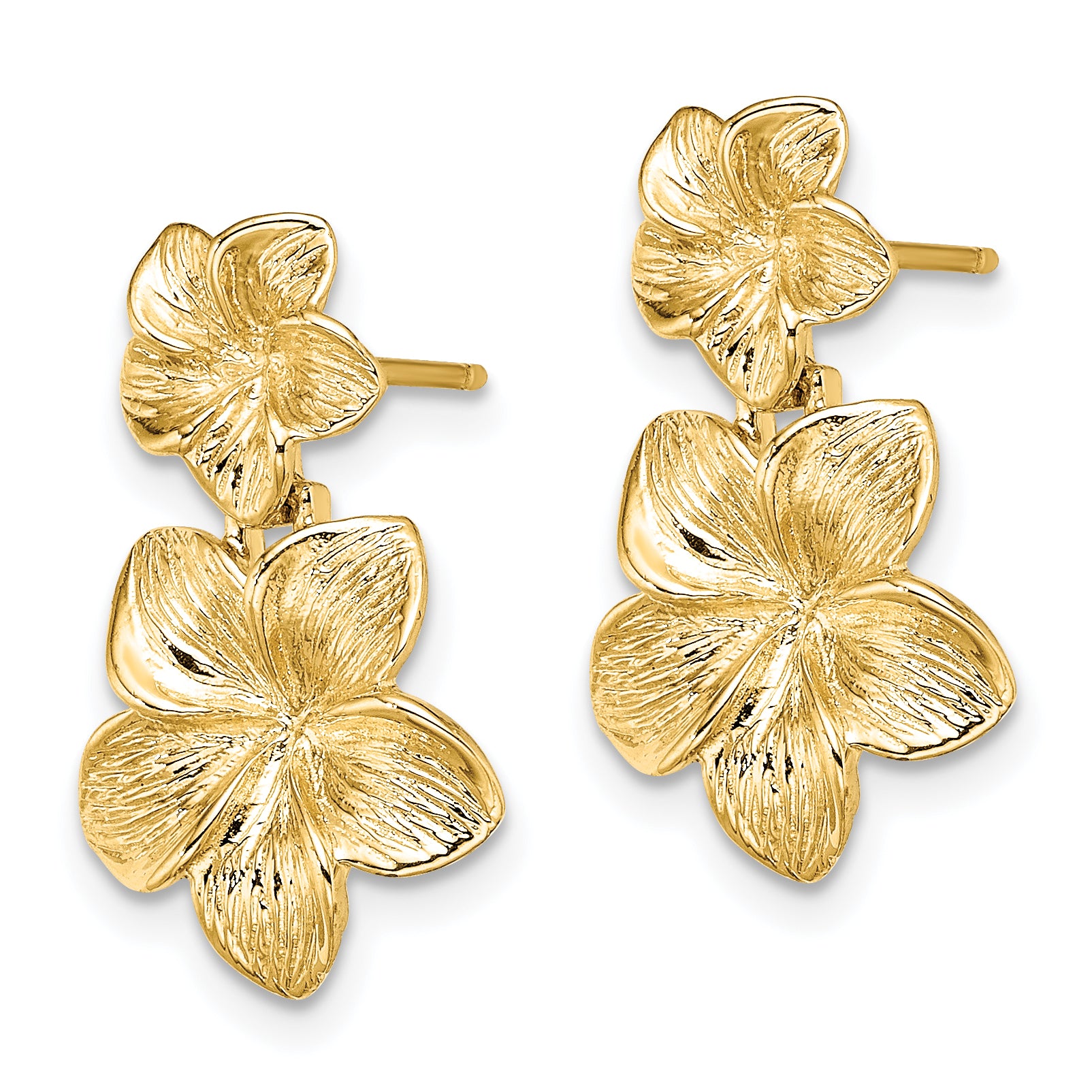 14K Double Plumeria Flower Post Dangle Earrings