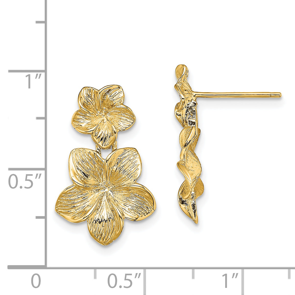 14K Double Plumeria Flower Post Dangle Earrings