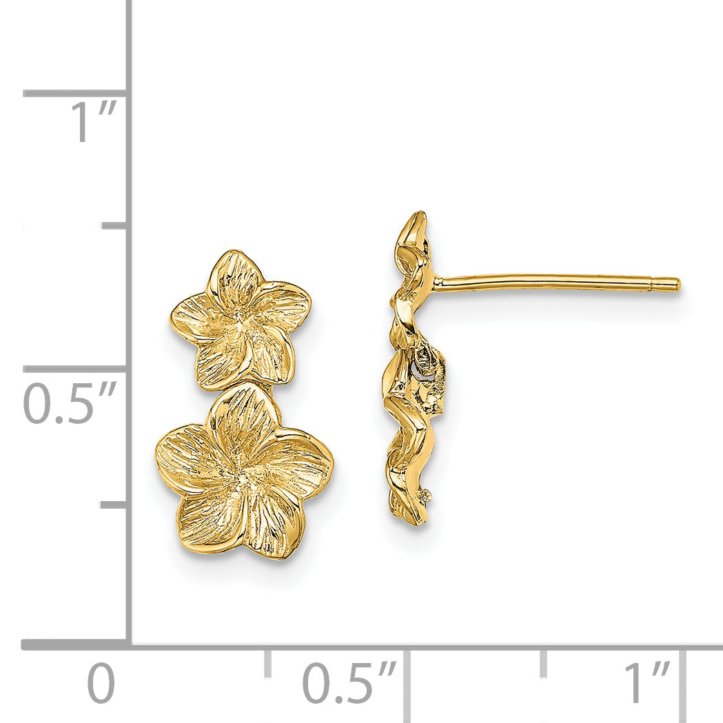 14K Double Plumeria Flower Post Dangle Earrings