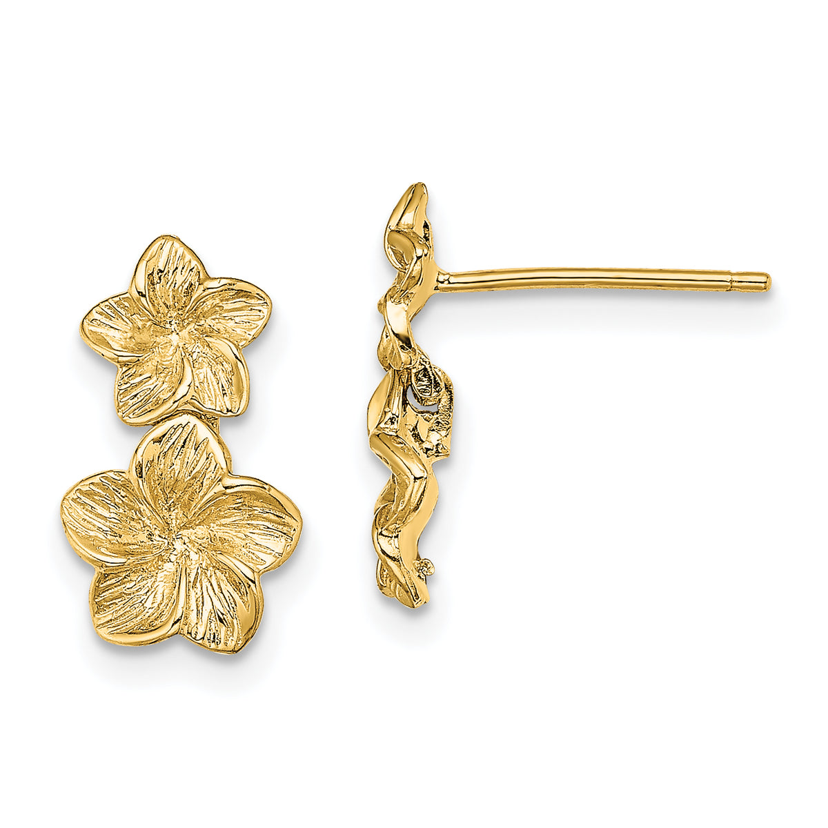 14K Double Plumeria Flower Post Dangle Earrings