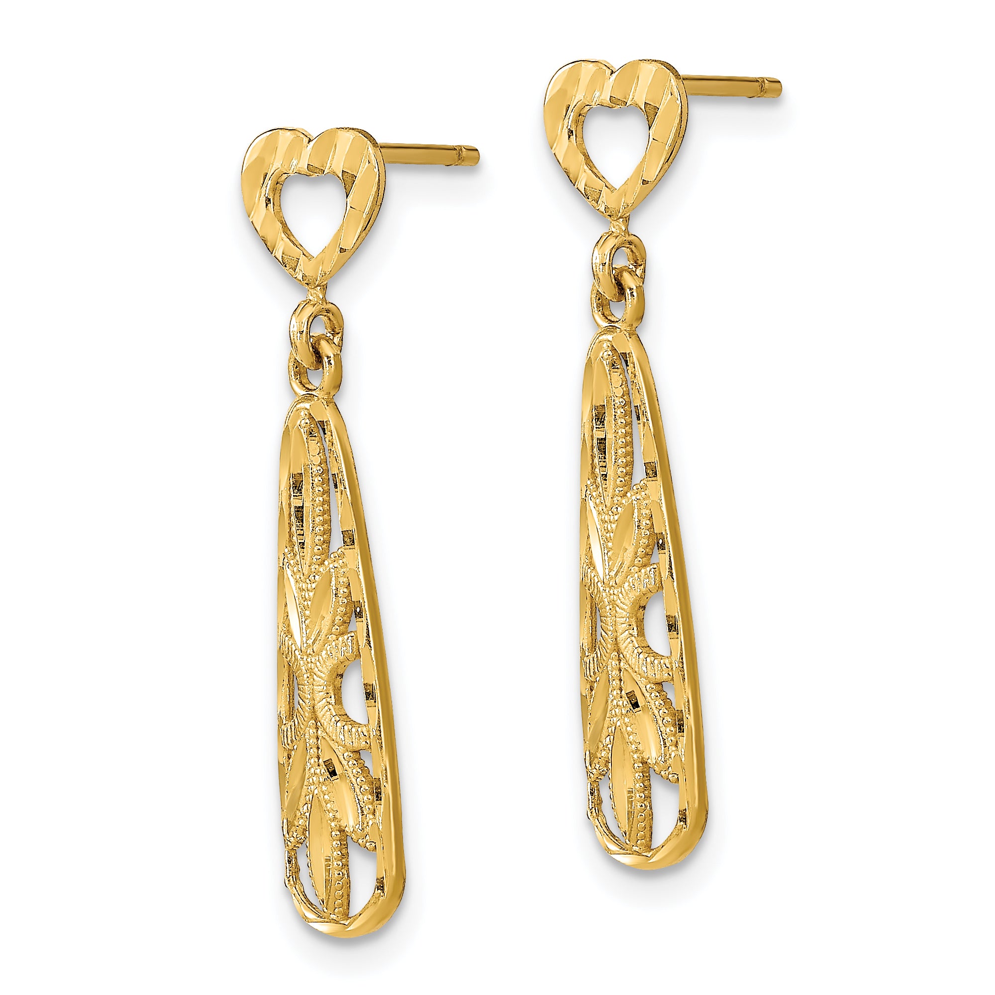 14K D/C Teardrop Heart Dangle Post Earrings