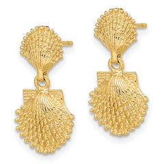 14K Double Beaded Scallop Shell Dangle Earrings