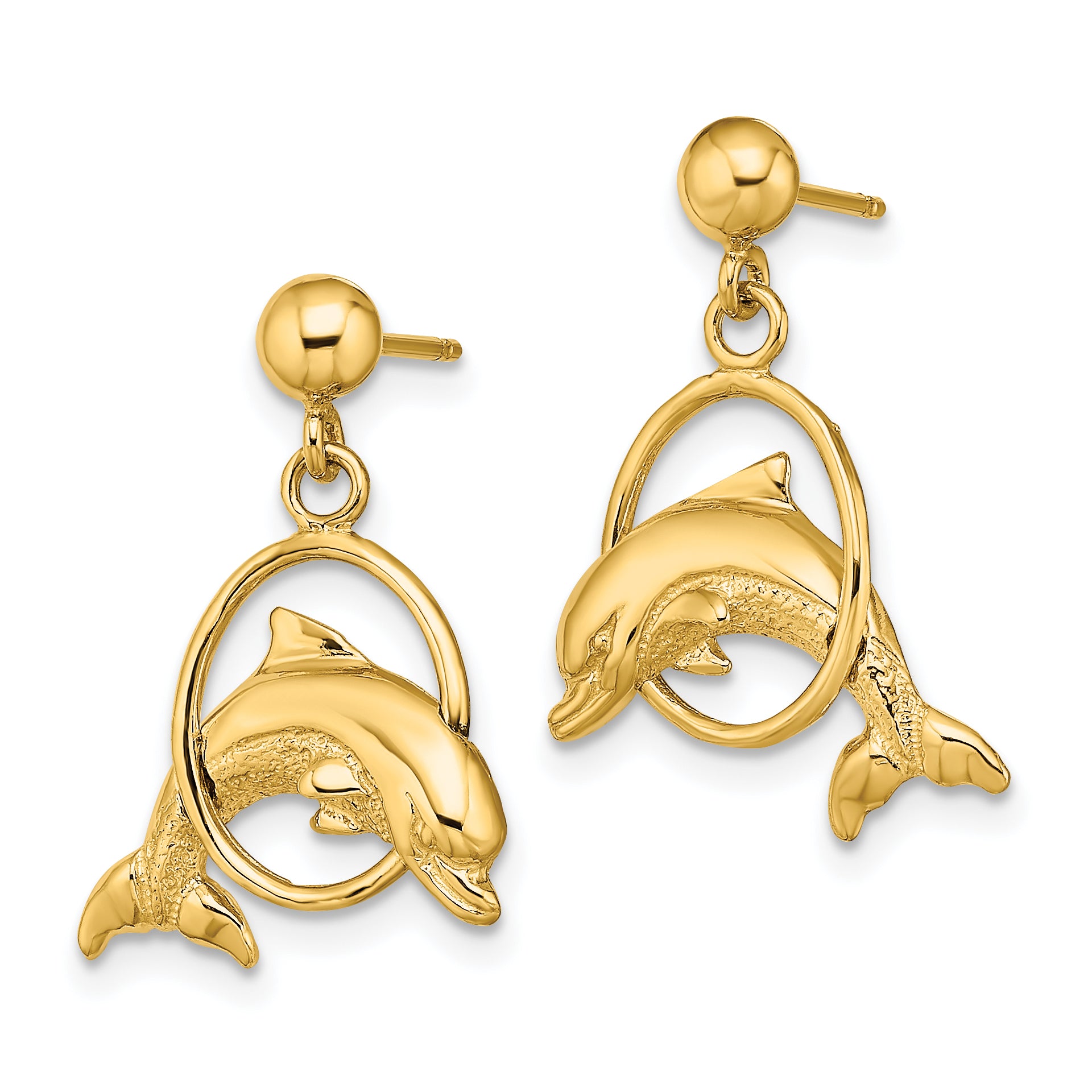 14K 2-D Polished Dolphin Jumping Through Hoop Earrings