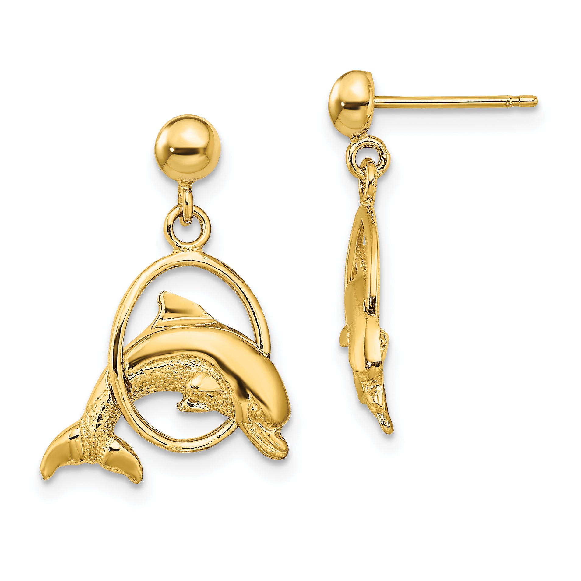 14K 2-D Polished Dolphin Jumping Through Hoop Earrings