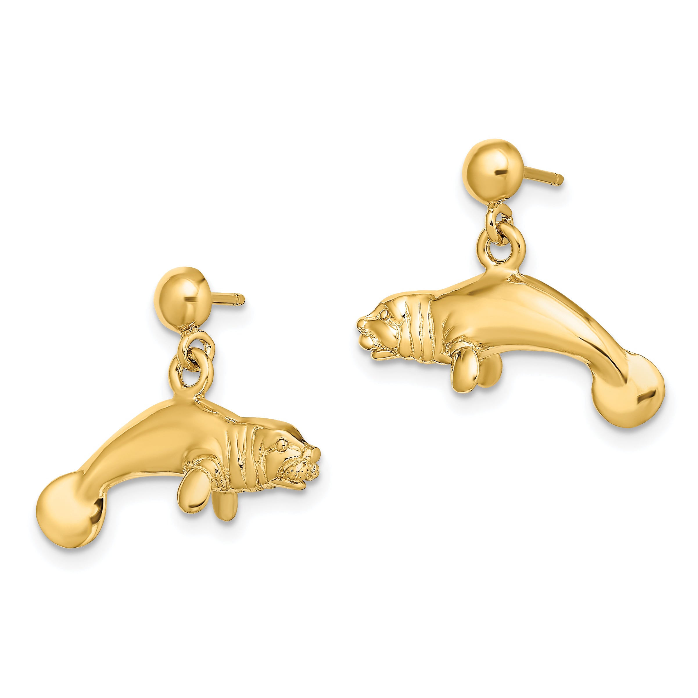 14K 3-D Polished Manatee Dangle Earrings