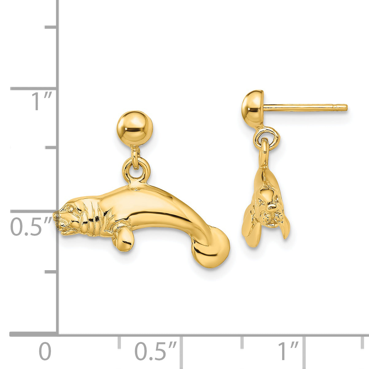 14K 3-D Polished Manatee Dangle Earrings