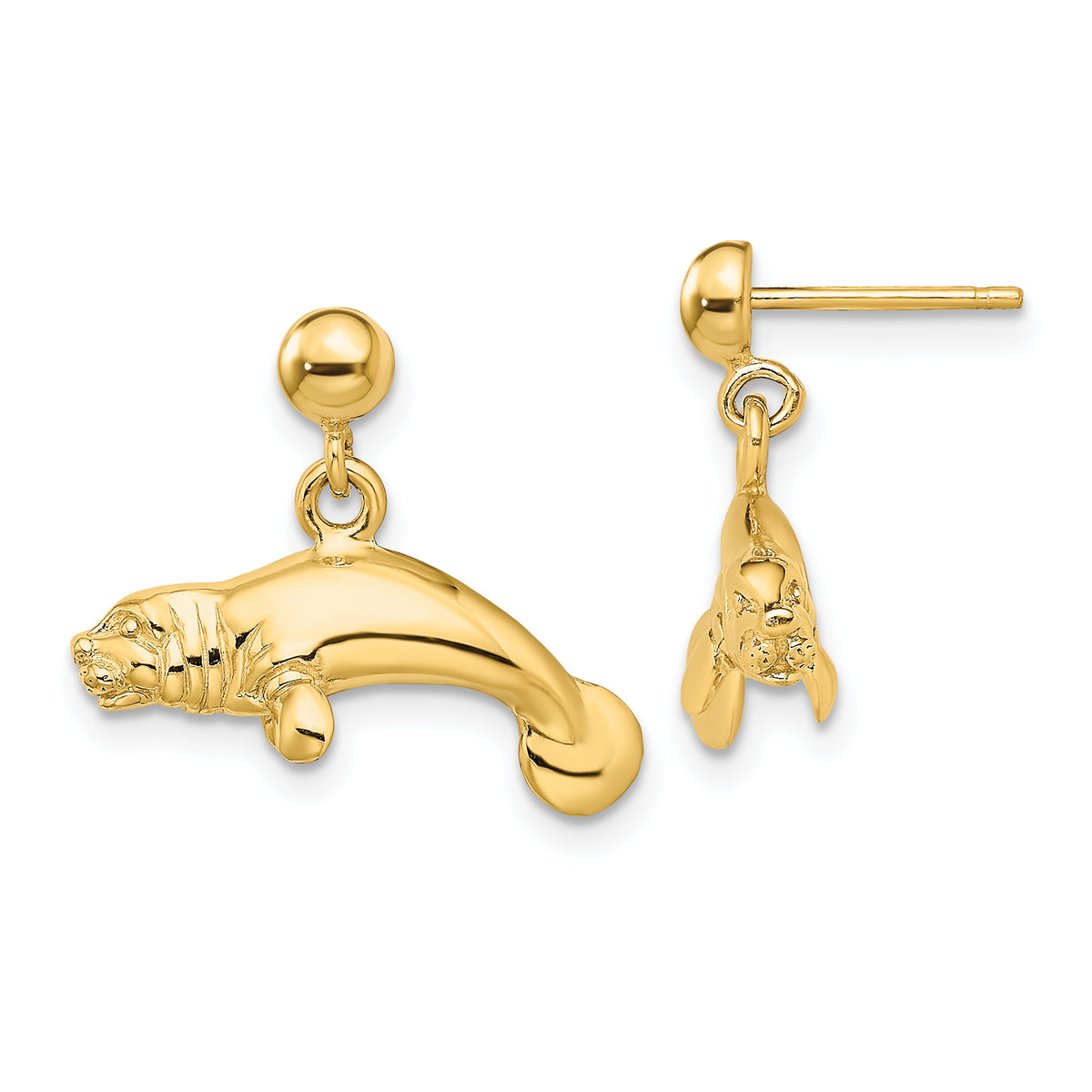 14K 3-D Polished Manatee Dangle Earrings