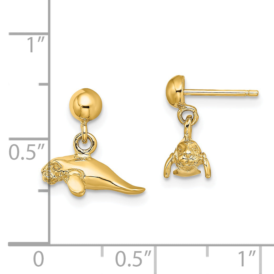 14K 3-D Polished Mini Manatee Dangle Earrings