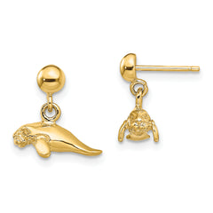 14K 3-D Polished Mini Manatee Dangle Earrings